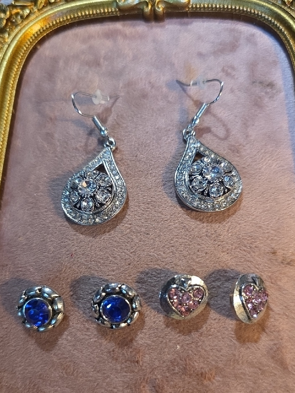 Vintage Ginger Snaps Silver Teardrop Crystal Earrings And 6 Interchangable Snaps